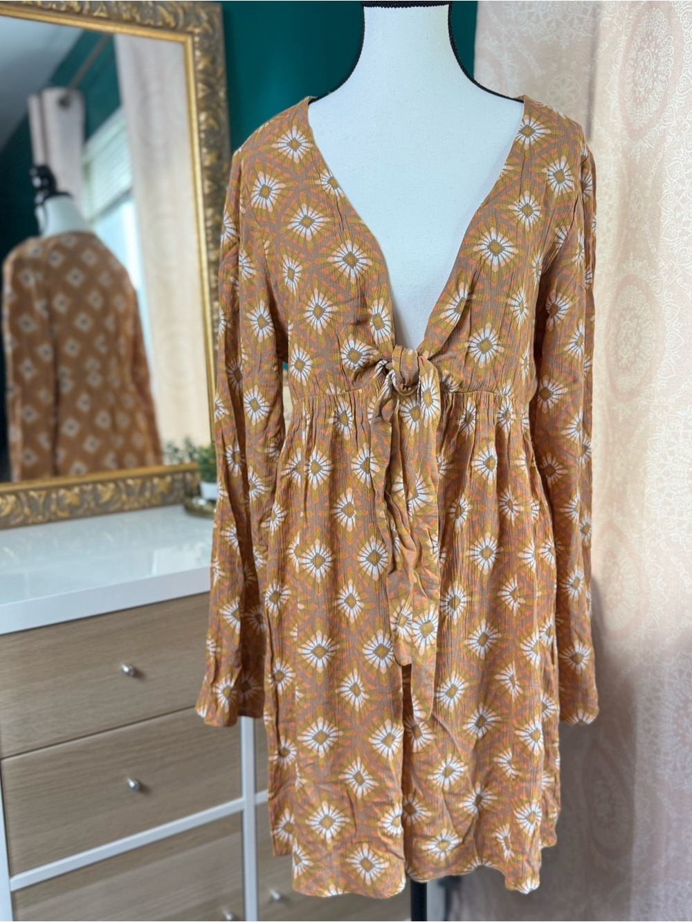Volcom Star Dreamer Bronze Front Tie Long Sleeve Mini Dress Boho Bohemian Size L